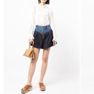 Zimmermann Two-tone Zip-front Denim Shorts In Dark Denim Sz 1 (6/M)